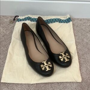 Tory Burch Black Flats with Gold Logo